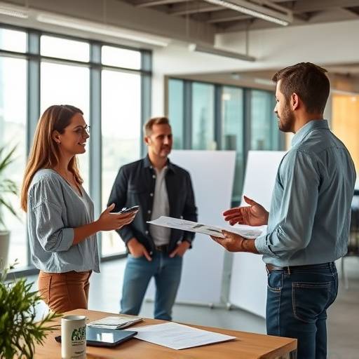 Due persone che discutono di un progetto aziendale in un ambiente moderno