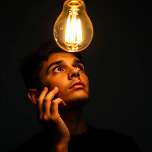 Immagine di una persona che riflette sotto una lampadina accesa, simbolo di illuminazione e nuove idee
