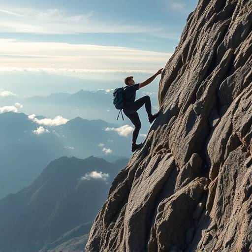 Immagine di una persona che scala una montagna, simbolo di superamento degli ostacoli e raggiungimento di obiettivi ambiziosi
