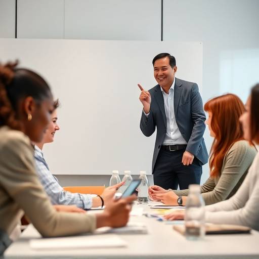 Un leader che motiva il suo team durante una riunione